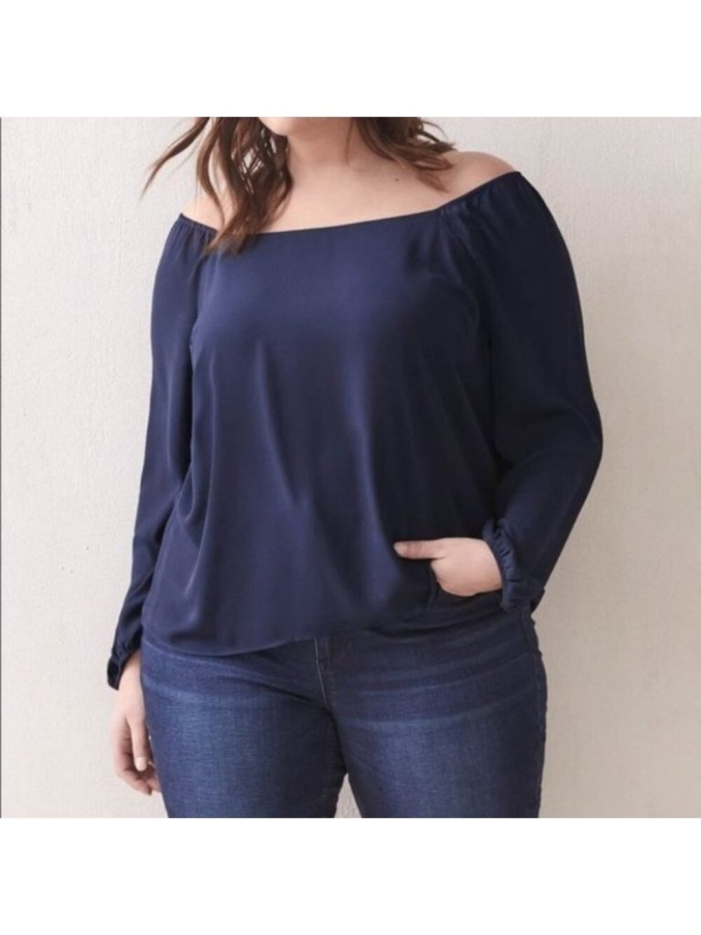 Addition Elle Women Dark Blue Square-Neck Balloon-Sleeve Blouse Plus Size 1X